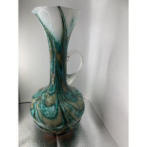 Vtg MCM Opaline Florence Empoli Italy Green Blue White Top Ewer Vase 1970s RARE